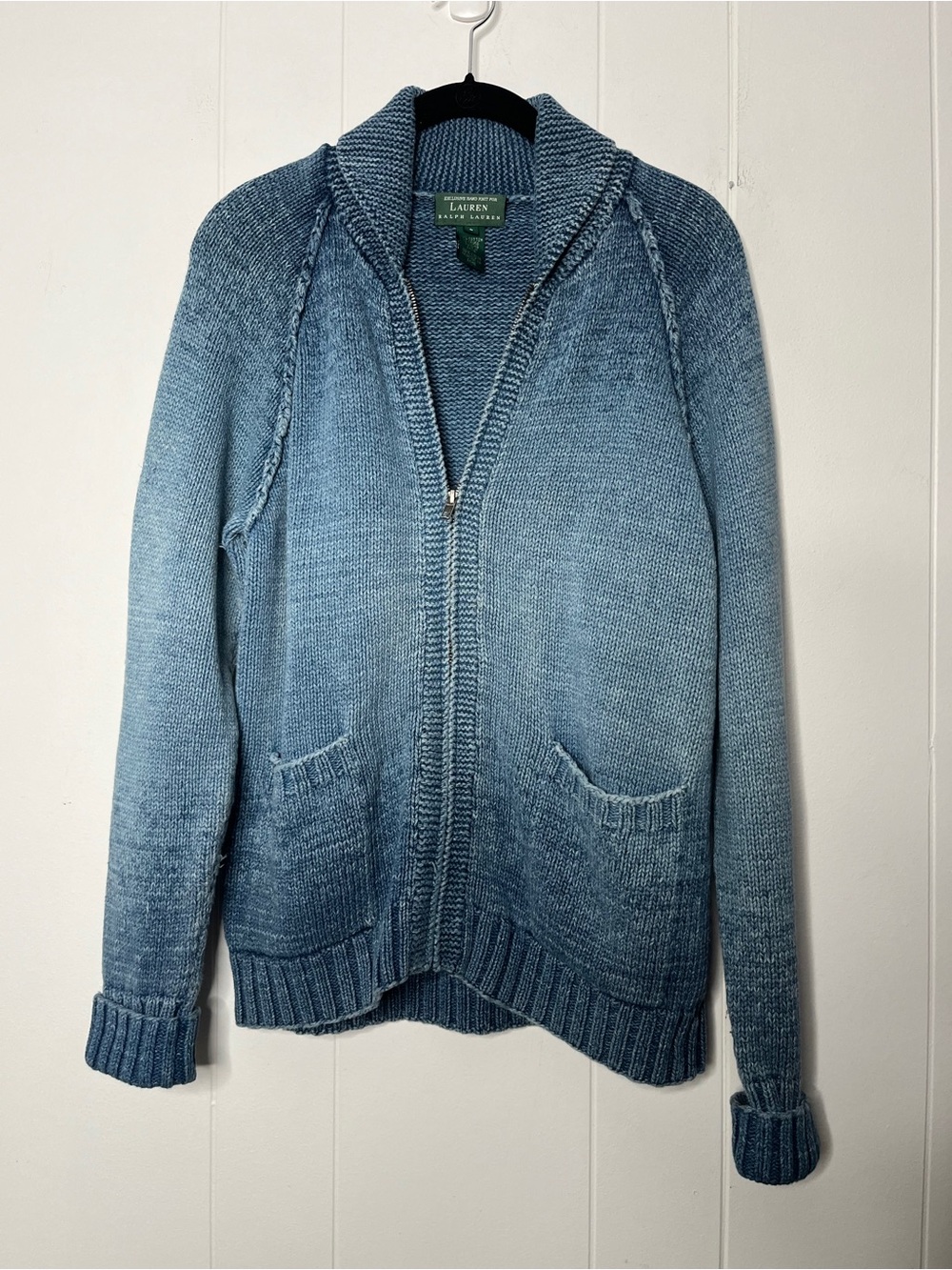 Lauren Ralph Lauren Blue Zip-Front Shawl Collar Sweater Sunwashed Men's S